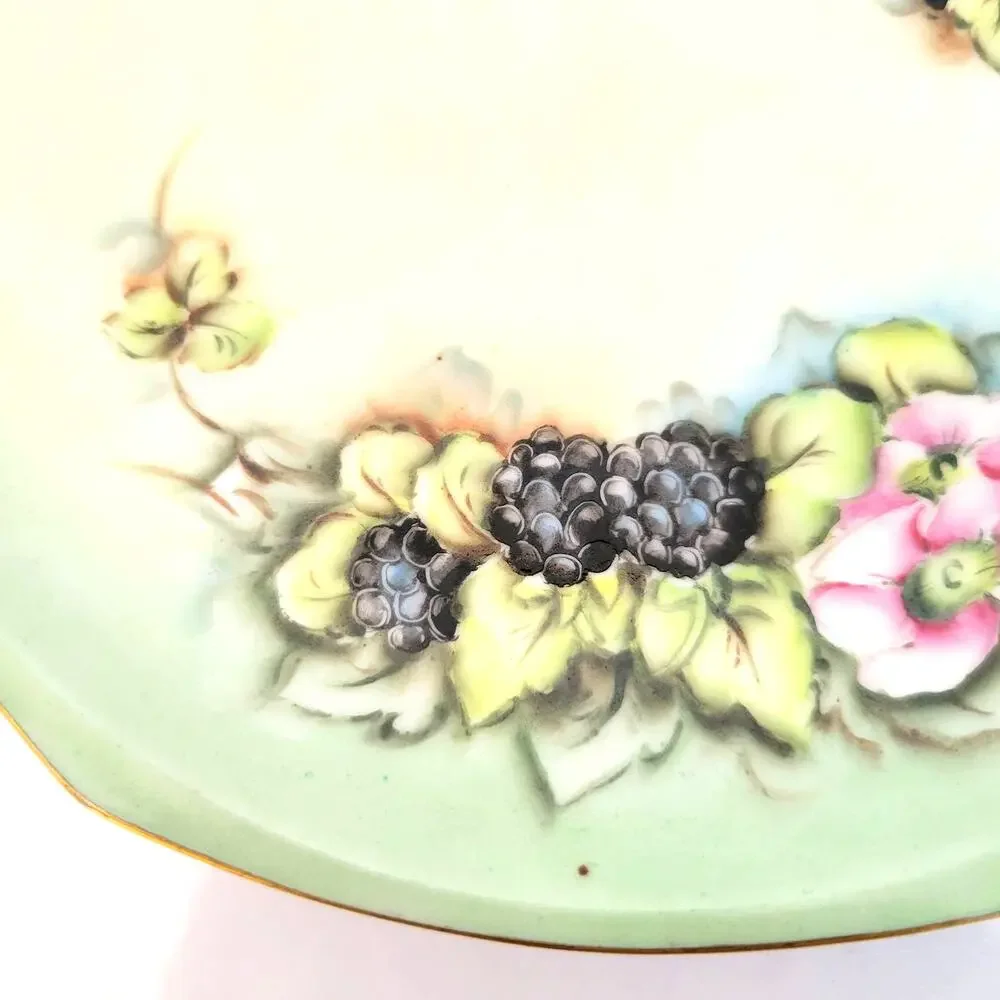 Vintage M Z Austria Painted Trinket Plate Black Berry Flowers Leaves Gold Accent